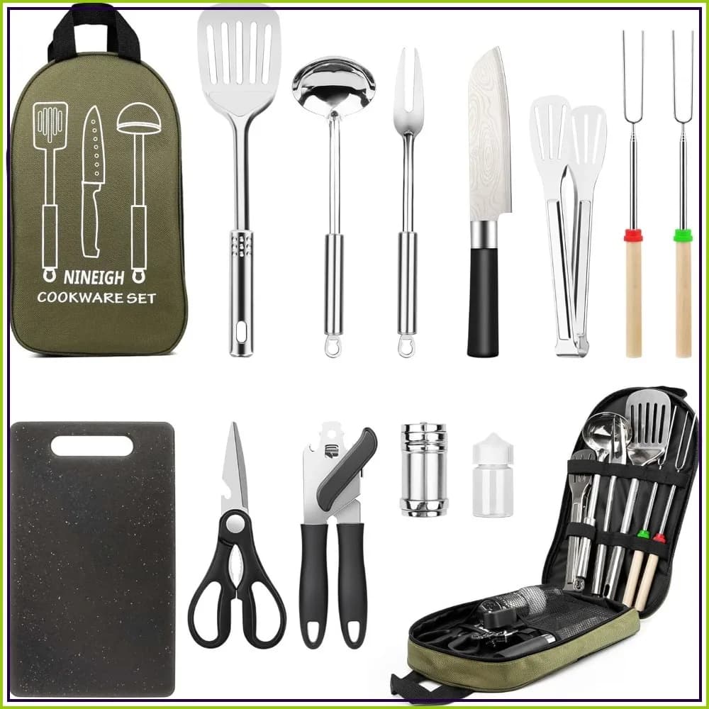 Stainless Steel Camping Cooking Set, BBQ Grill Tools, Portable Kitchen Gear for Travel Tenting RV Picnic