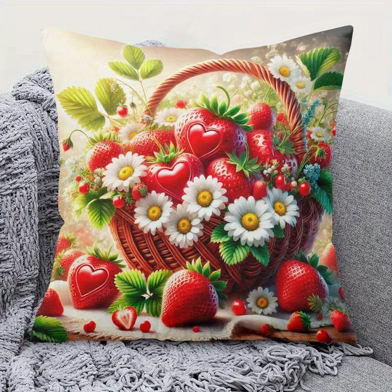 Strawberry Flower Basket Holiday Theme Double-Sided Pillow Cover Zippered Cushion Case for Sofa Home Decor