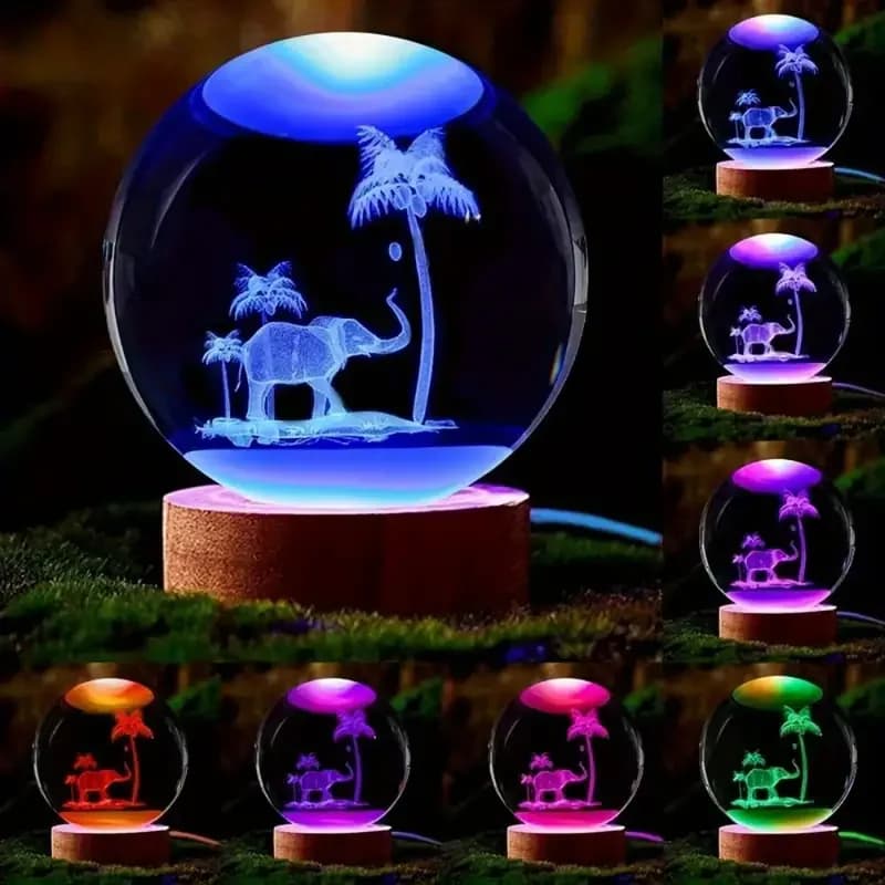 1 pezzo di decorazione con sfera di cristallo di albero di cocco con elefante intagliato in 3D, luce notturna, regalo di compleanno, decorazione per ufficio soggiorno