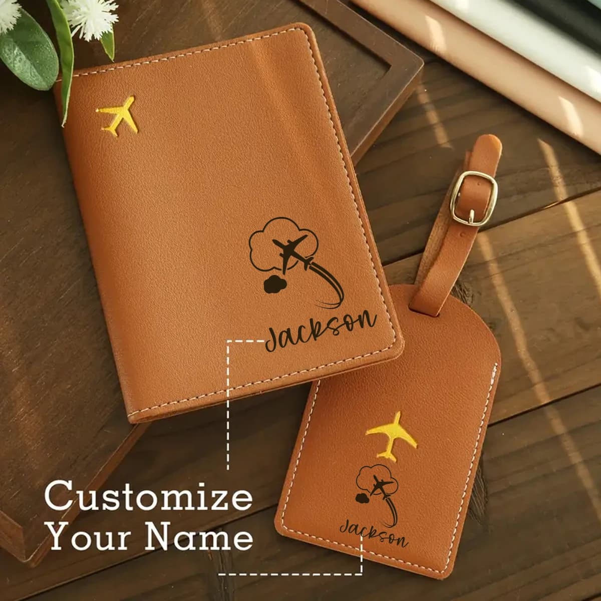 Set Personalizzato di Porta Passaporto e Etichetta Bagaglio in Pelle, Regalo di Fidanzamento, Etichetta Bagaglio Carina