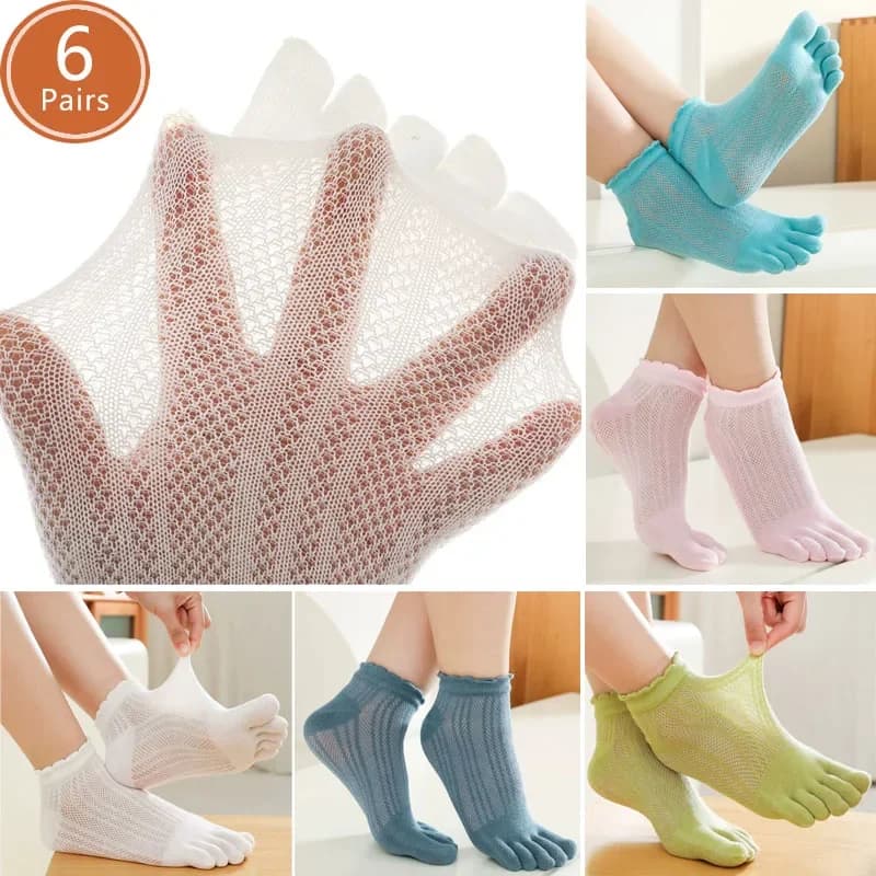 6 Pairs Summer Ankle Toe Socks Women Girl Cotton Thin Hollow Mesh Breathable Cool Solid Cute Simple Casual Soft Five Finger Sock