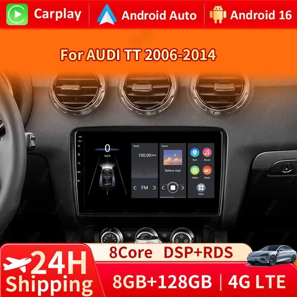 Android 16 Carplay Auto 2 DIN Intelligent System For Audi TT MK2 8J 2006 - 2014 Car Radio Multimedia Player WIFI Stereo GPS