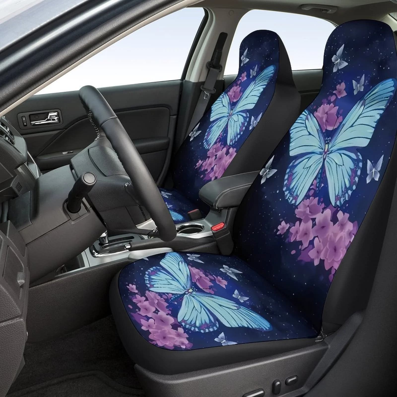 2pcs Of Breathable And Non-Slip Car Front Seat Covers In Stylish Blue Butterfly Design