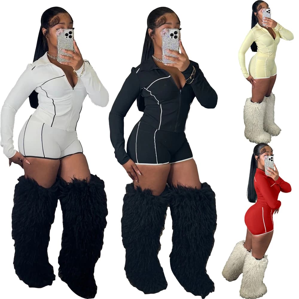 2025 Autumn Women's Fashion Set Thumb up Long Sleeve Zip Tops and Lobby Shorts Gym Elastic Yoga 2 Pieces Set Dresses