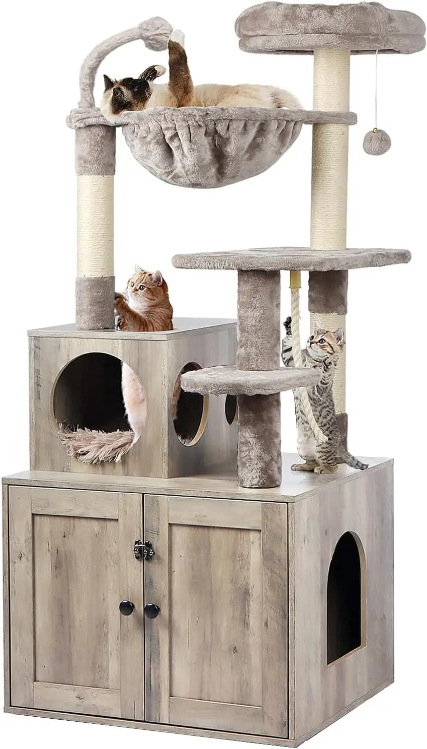 Albero per Gatti 2-in-1 con Recinto per Lettiera, Grande Torre in Legno per Gatti da Interno, Grigio