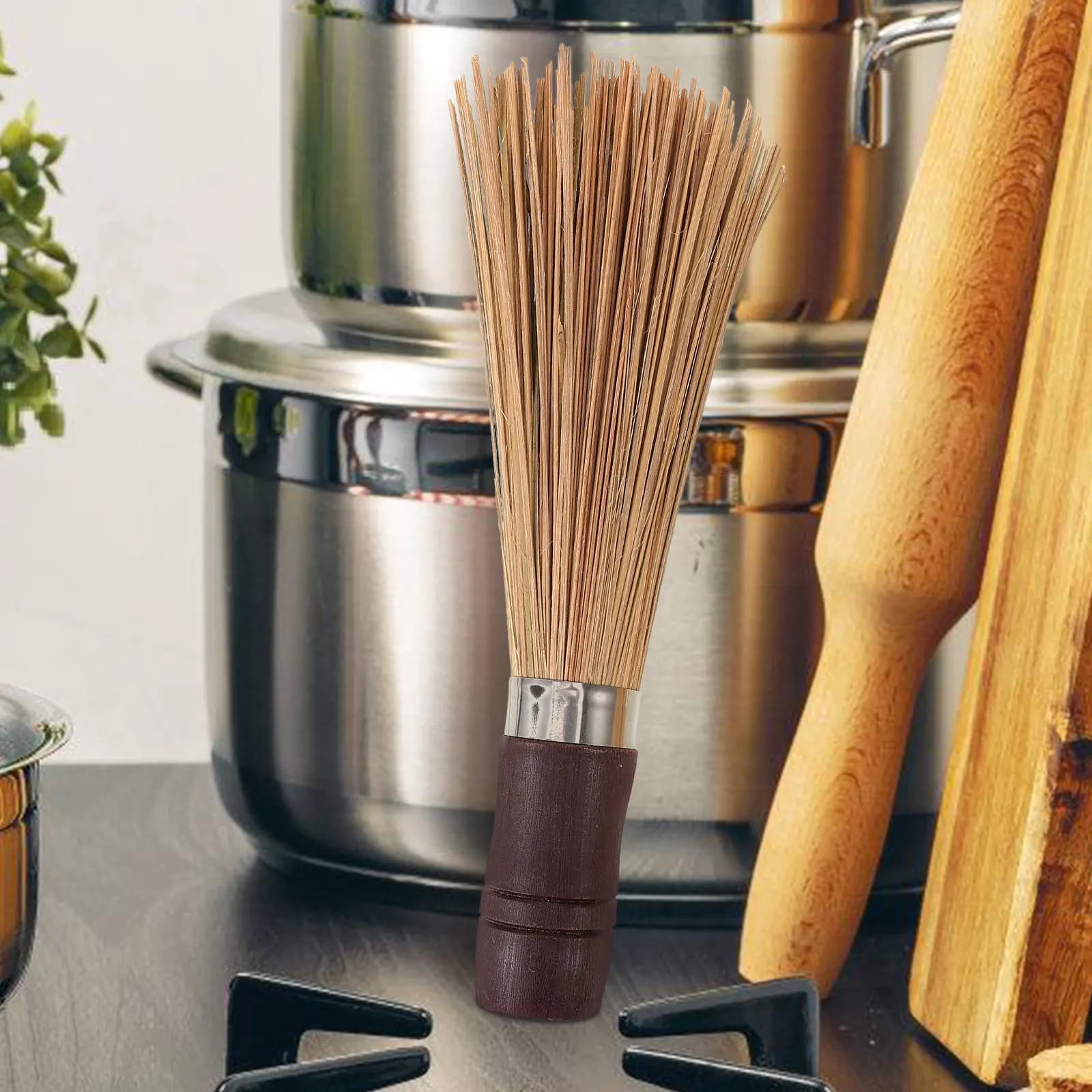2Pcs Wooden Wok Brush Bamboo Kitchen Pot Brush Dishwashing Scrubber for Frying Pan Iron Pot Wok Cleaning Non-Scratch Surface
