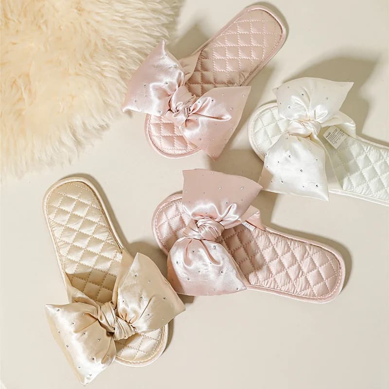 Women's satin slippers with bow, funny, casual, for home, spring and summer shoes