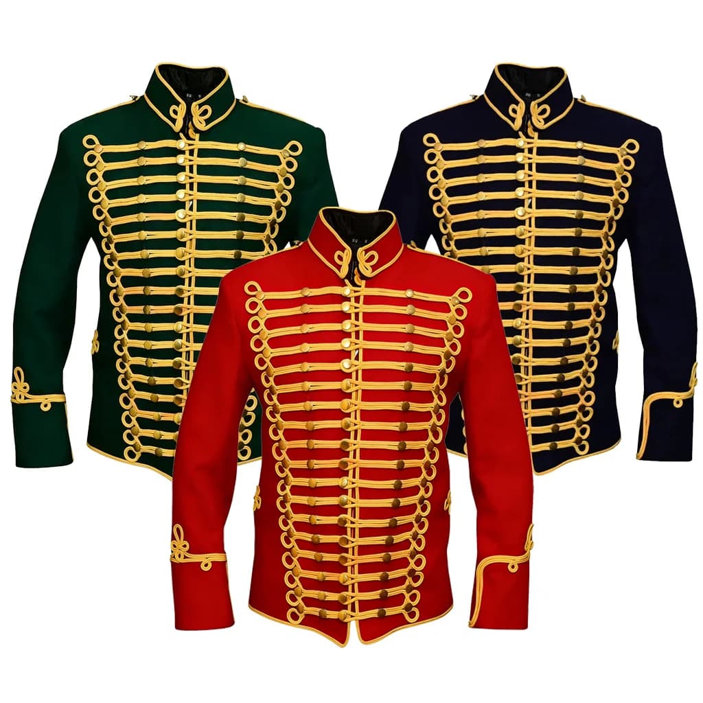 Giacca Storica Militare Napoleonica da Uomo, per Cosplay di Ussari, Blu Reale/Rosso/Verde/Nero, con Intrecciature Dorate, Realizzata su Misura