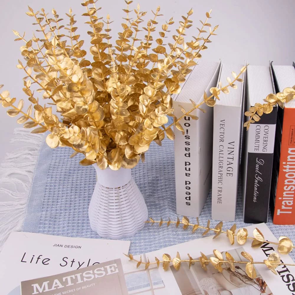 5 pcs/lot Artificial Gold Eucalyptus Copper Artificial Plants for Home Arrangement Of Wedding Flowers Green Decoration
