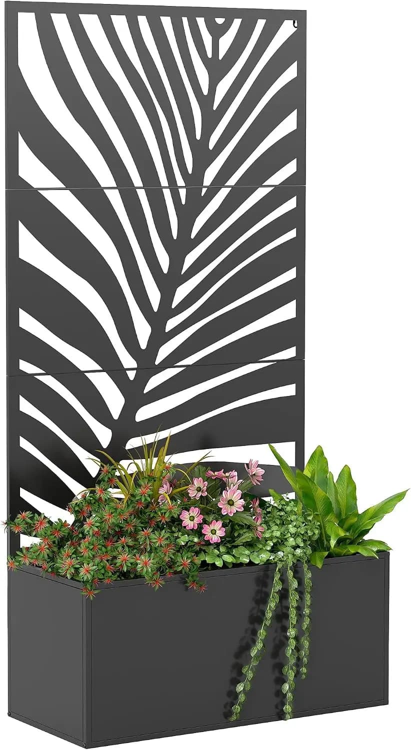 Metal Planter Box With Trellis, Tall Raised Garden Bed Container With Climbing Plants Privacy Screen, Large Leaf Cut Out Flower Herb Grow Pot Bracket For Patio Balcony Yard, Black, One Piece