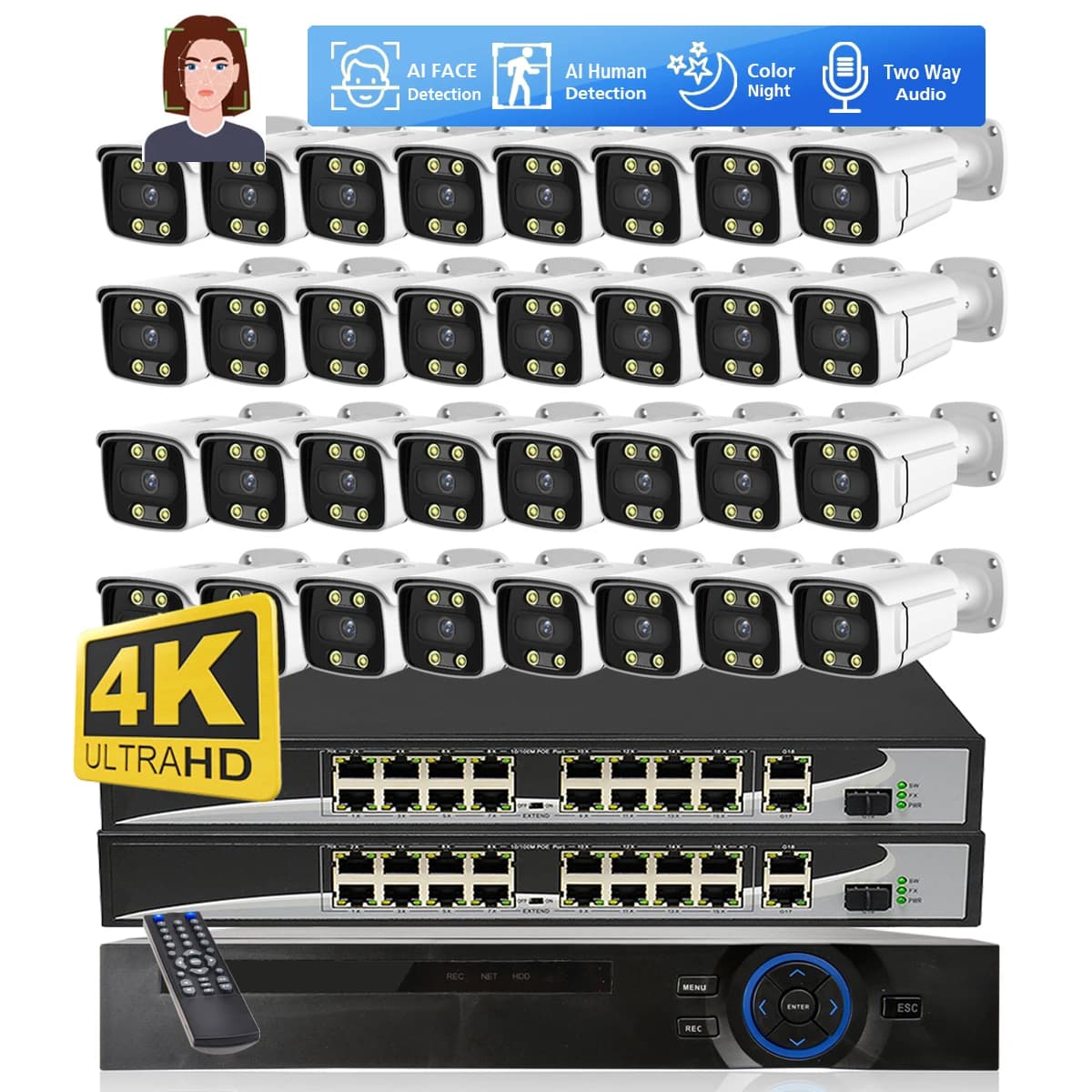 Sistema di telecamere di sicurezza CCTV 32CH 4K 8MP 4MP rilevamento facciale telecamera IP PoE notturna a colori Kit NVR di sorveglianza Audio Video bidirezionale