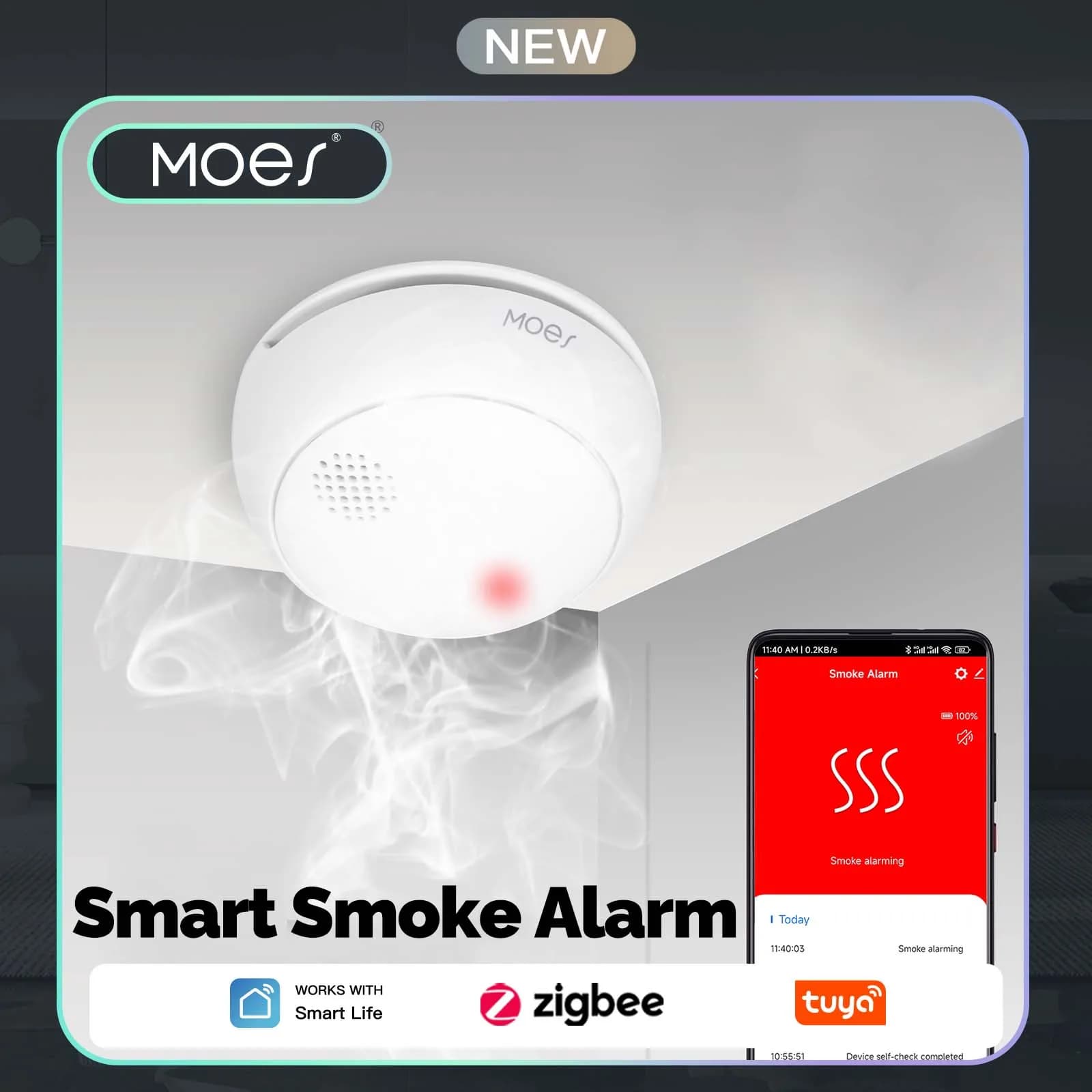 MOES ZigBee Rilevatore di fumo, Allarme antincendio e fumo wireless con suono da 85 dB, Sensore di avviso app intelligente per la protezione della sicurezza della cucina domestica