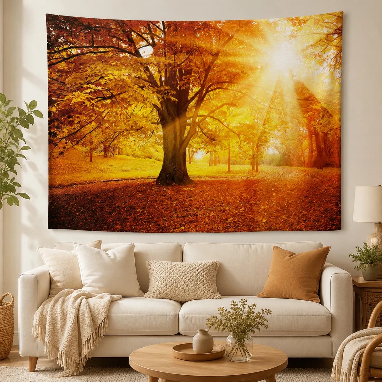 Fall Golden Tree Tapestry Autumn Forest Sunlight Scenery Wall Art, College Dorm Room Boho Home Decoration