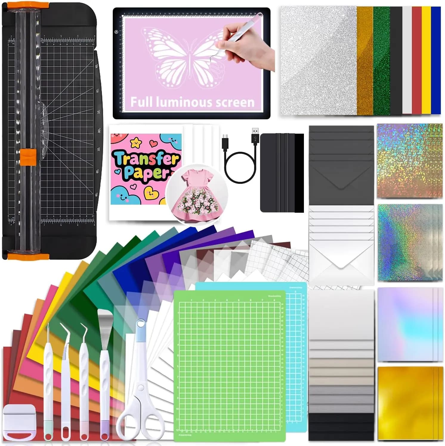 Kit di Avviamento per Hobby Creativi Xtra-103 Pezzi con Strumenti per la Rimozione del Surplus, HTV, Vinile, Carta Transfer, Tavoletta Luminosa a LED e Taglierina