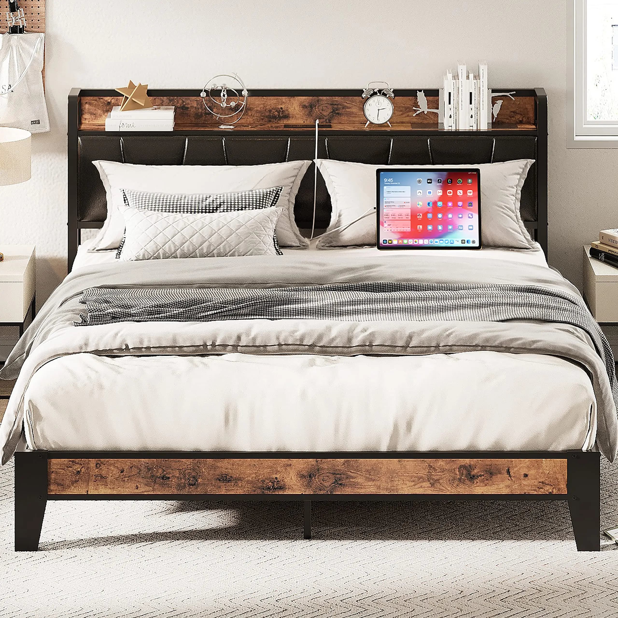LIKIMIO Double bed frame, full size bed frame, storage headboard charging station, solid stable, no noise, no top