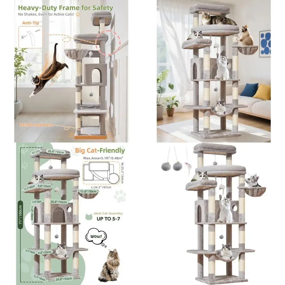 Grande albero per gatti 71 per gatti superiori a 20 libbre, 3 grandi posatoi, torre multilivello, 9 tiragraffi, ampio condominio, amaca e cestino in peluche,