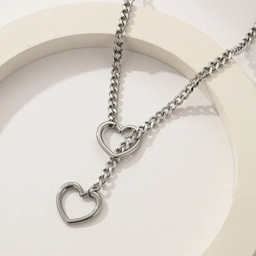 Collana girocollo a catena in acciaio inossidabile con anello a cuore punk rock, stile lariat, per uomo e donna