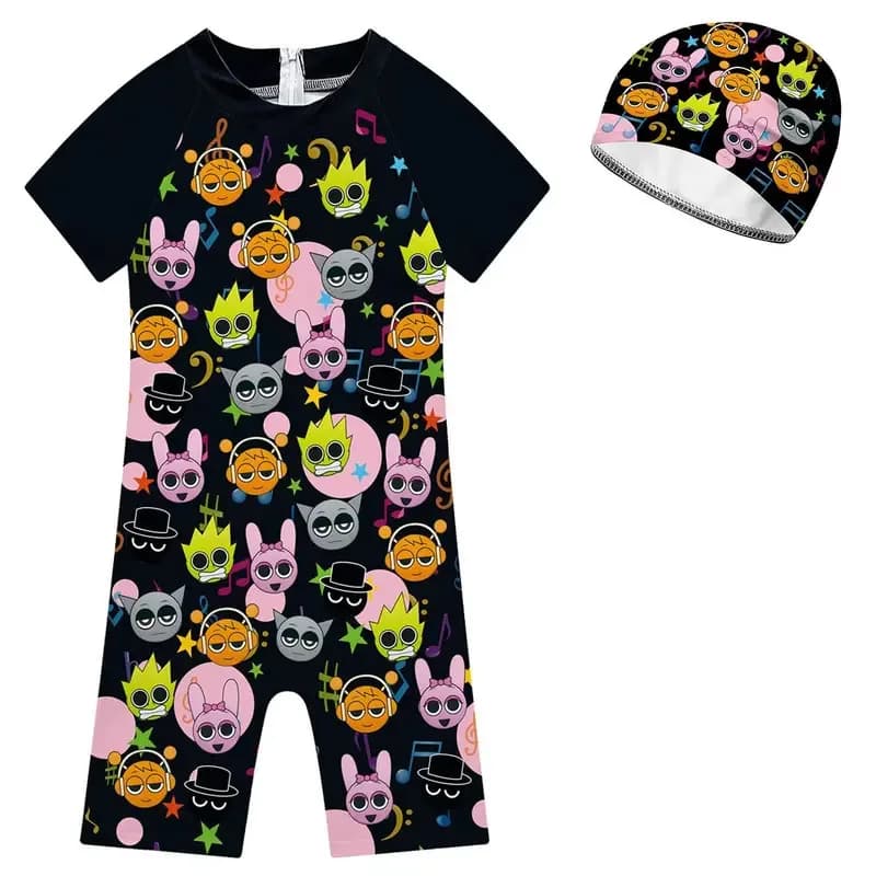25COSSprunki Children's Swimwear for Boy Girl Summer Vacation Dresses Full swimsuit + cap Set Children Cartoon Figure Print Cl