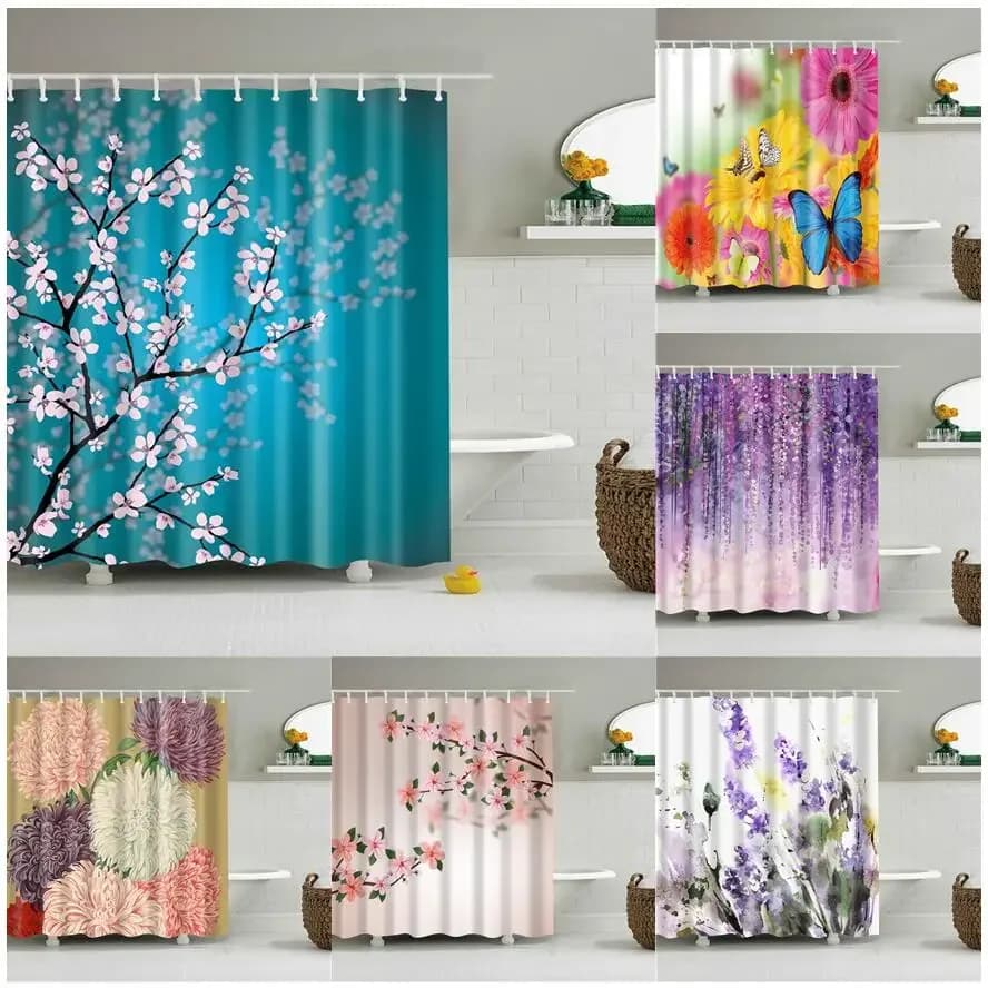 Fiore 3D Plum Blossom Lotus Lavanda Rosa Tende da doccia Tenda da bagno Frabic Tenda da bagno in poliestere impermeabile con ganci