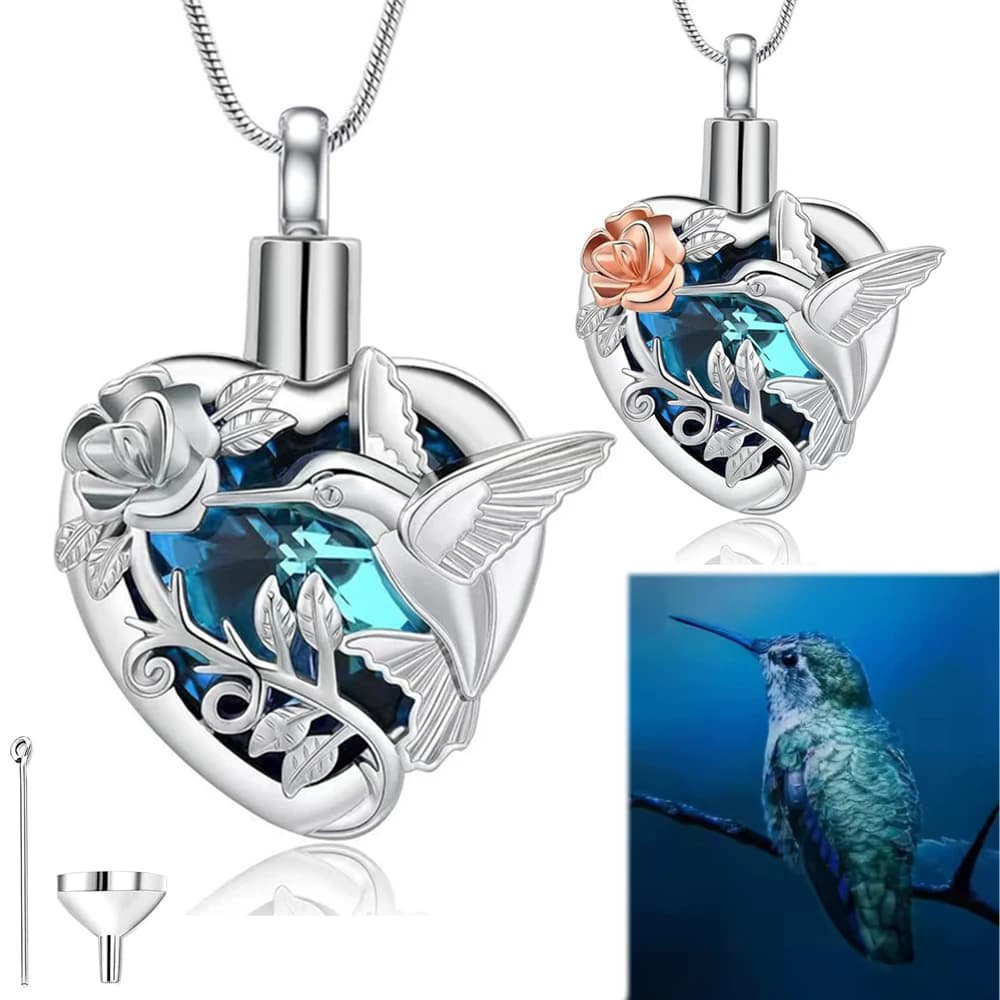 Hummingbird Heart Urn Locket Necklace for Ashes and Urn Locket Cremation Necklace for Ashes Memorial Keepsake Jewelry
