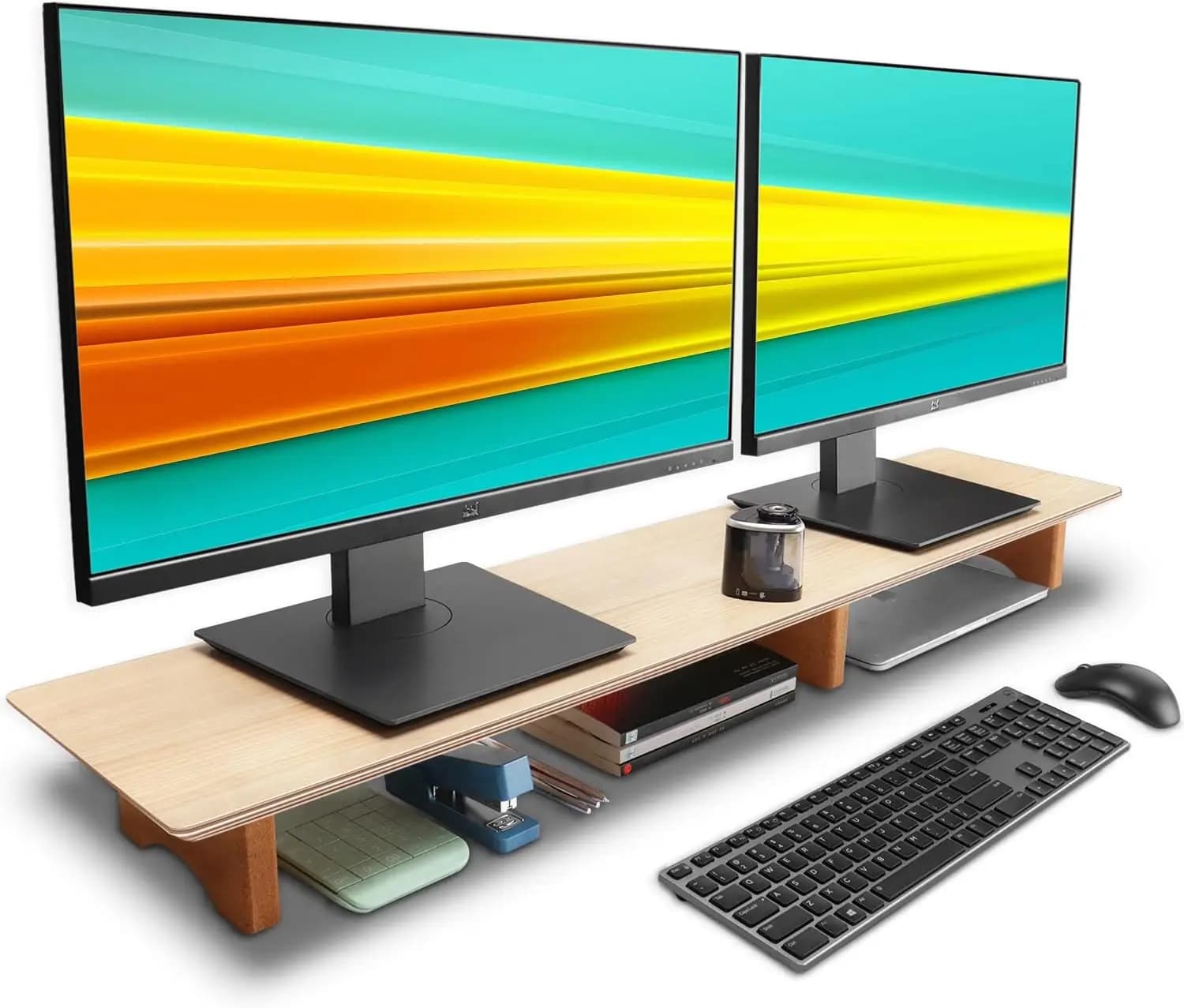Supporto per Monitor Doppio da 43 Pollici, Ripiano da Scrivania in Legno Massello con Gambe in Sughero per Laptop, PC, Stampante, Ufficio Domestico