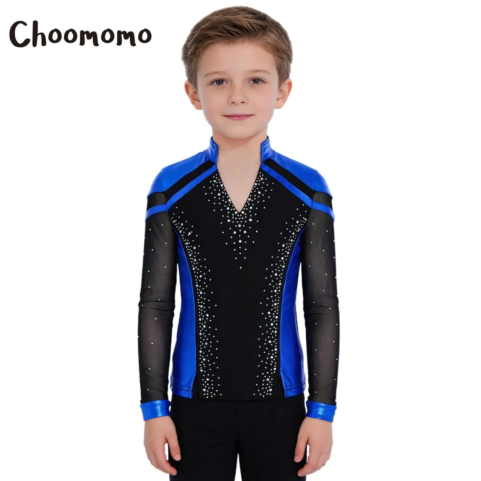 Costume da pattinaggio di figura per ragazzi, camicia da ballo per balletto latino, manica lunga, orlo diviso, strass, top da ballo con blocchi di colore metallizzato