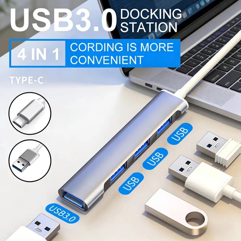 Hub USB 3.0, Hub USB Tipo C, Dock a 4 Porte, Adattatore Multi Splitter OTG Tipo C per Xiaomi, Huawei, Laptop, PC, Macbook Pro, USB 3.0, 2.0