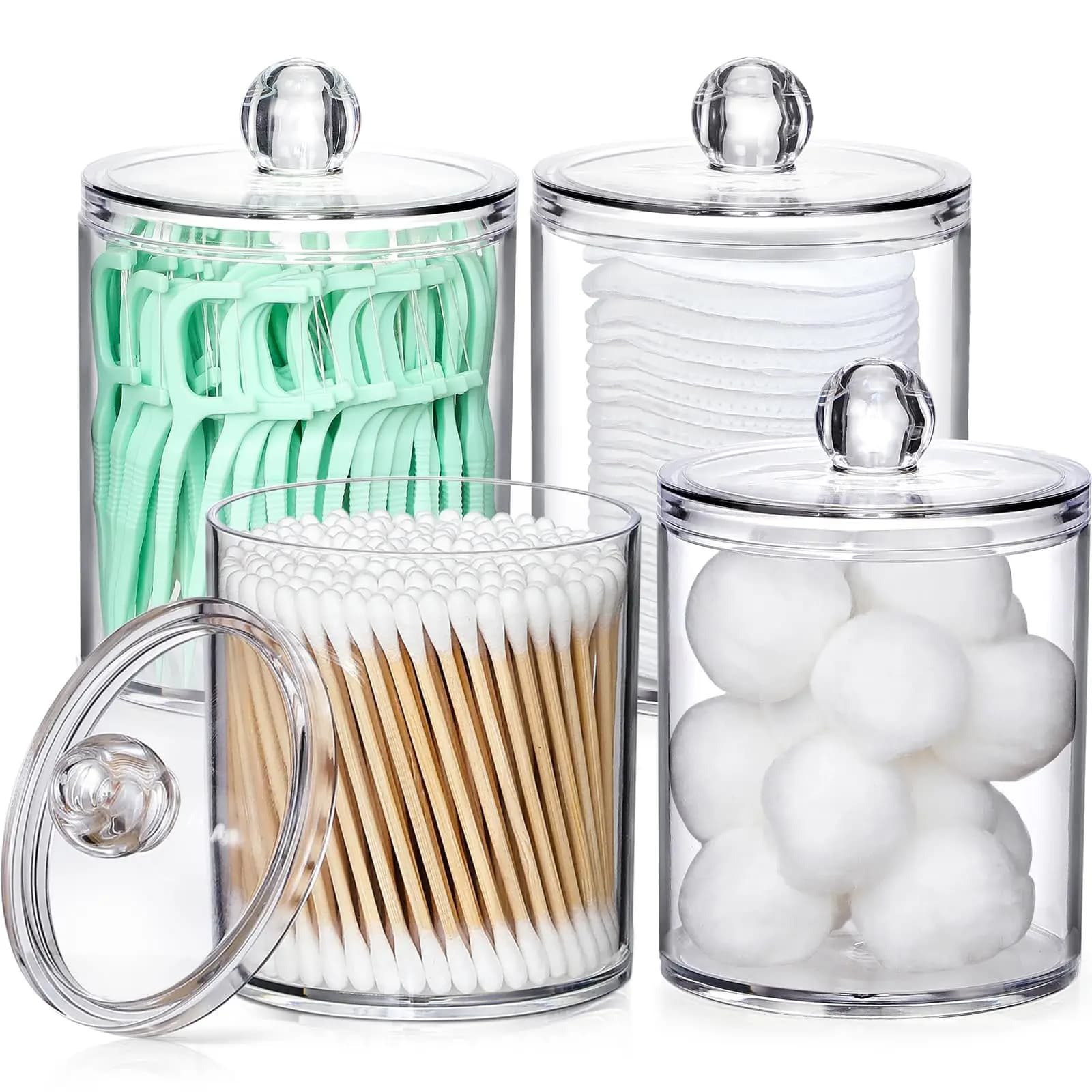 Dispenser porta Qtip in acrilico da 4 pezzi per tamponi di cotone, palline, tamponi, plettri per filo interdentale - Piccolo contenitore trasparente per trucco