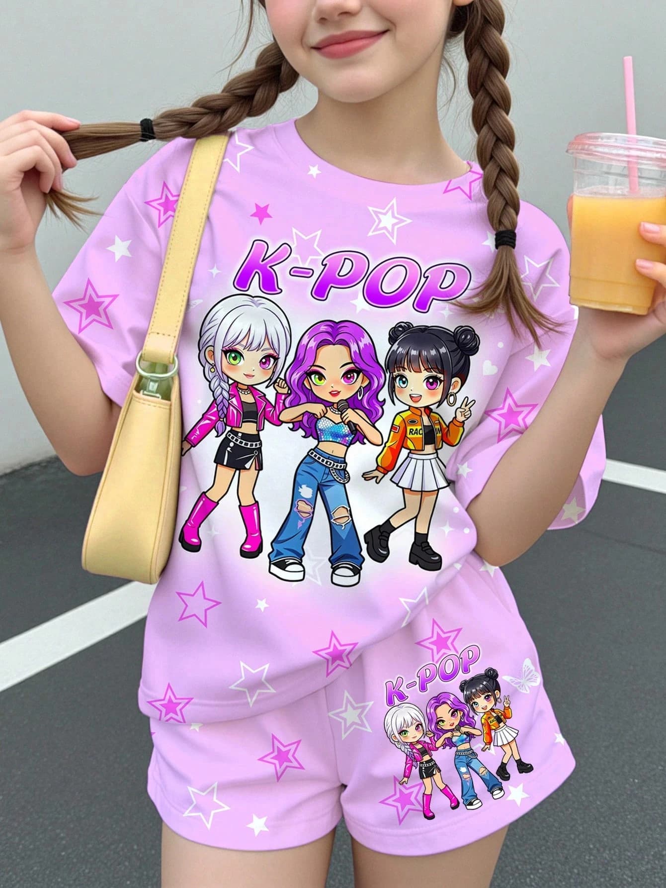 Little Girl Light Pink Star Kpop Chibi Idol Print T-shirt Paired with Patterned Shorts 2 Cute Concert Children's Clothing