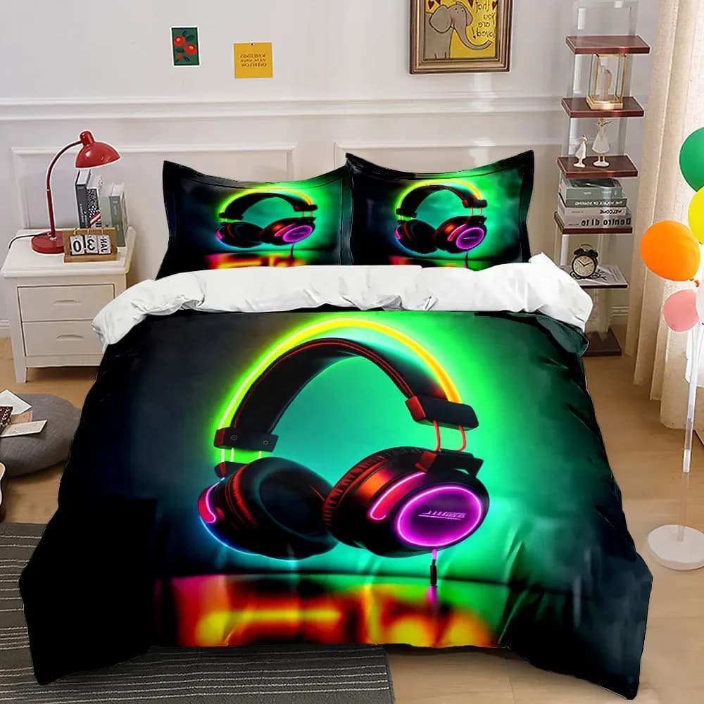 Set di cuffie da gaming RGB, diverse misure per camerette di bambini e adulti, set di biancheria da letto raffinato da 3 pezzi, idea regalo