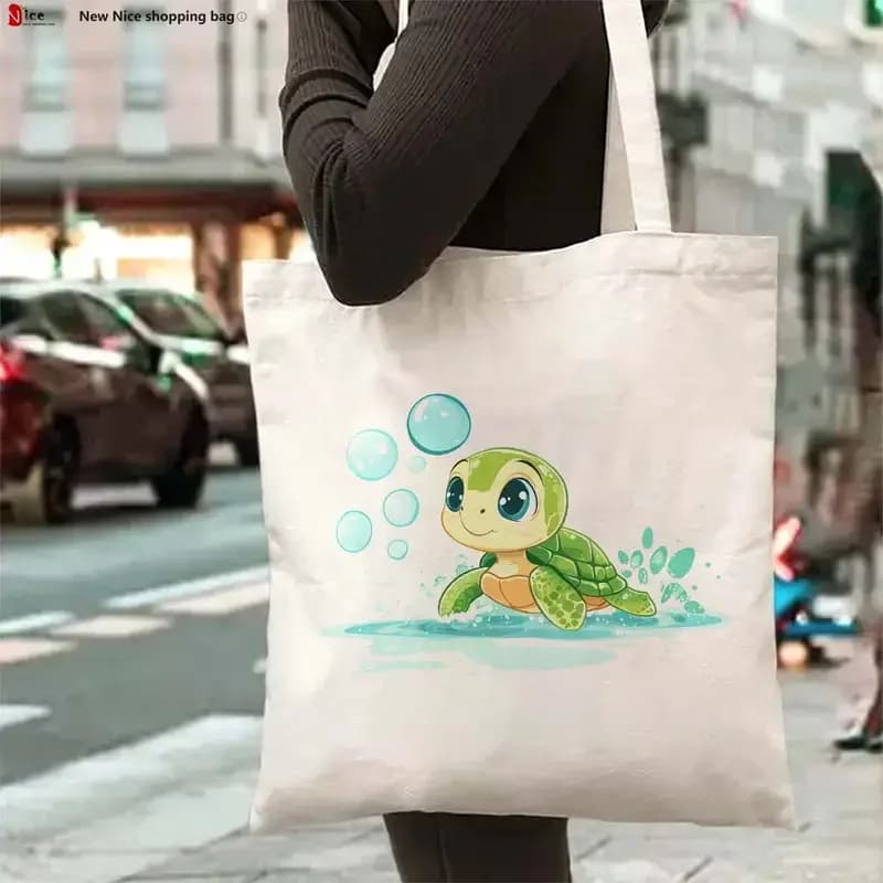 Green Leaf Surround Cute Turtle Canvas Tote Bag Cartoon Wildlife Graphic Handbag For Kid Gift Outdoor Travel Shoulder Bag