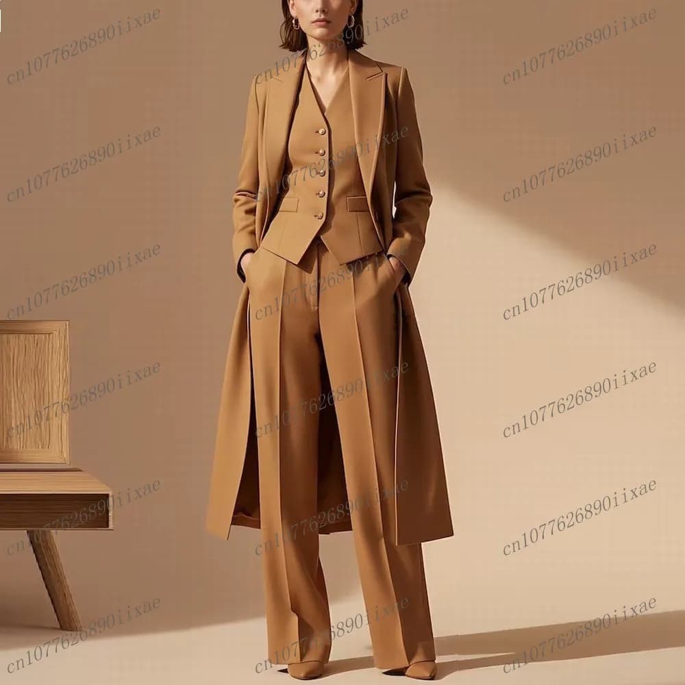Blazer lungo marrone Abiti da donna Lady Business Office Tuxedos Madre Festa di nozze Formale da donna Set da 3 pezzi Giacca Gilet Pantaloni