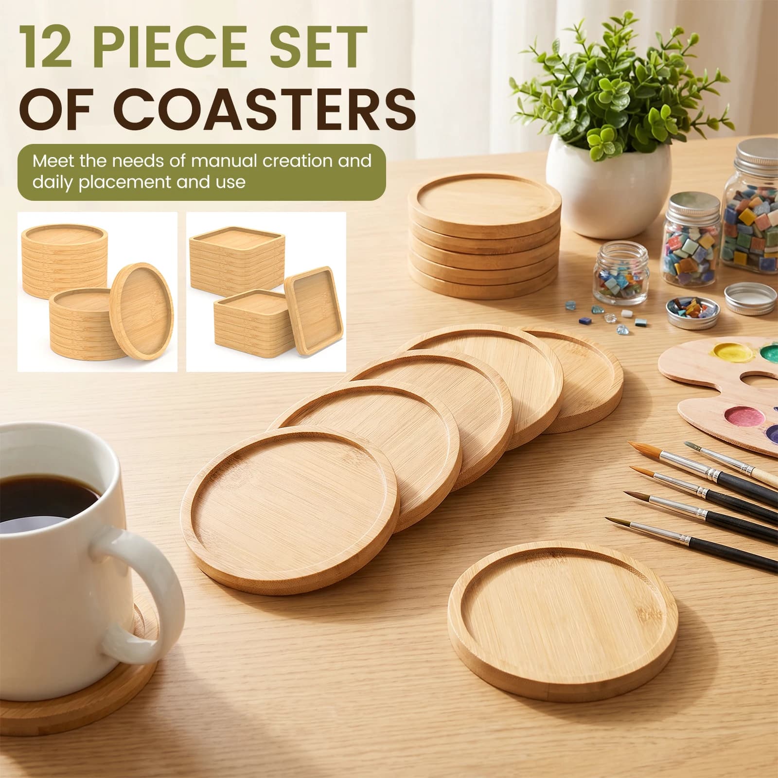 12Pcs Bamboo Cup Pad for DIY Crafts Studio Home Tea Time And Candle Display Bamboo Cup Pad DIY Cup Pad Wood Cup Pad Natural