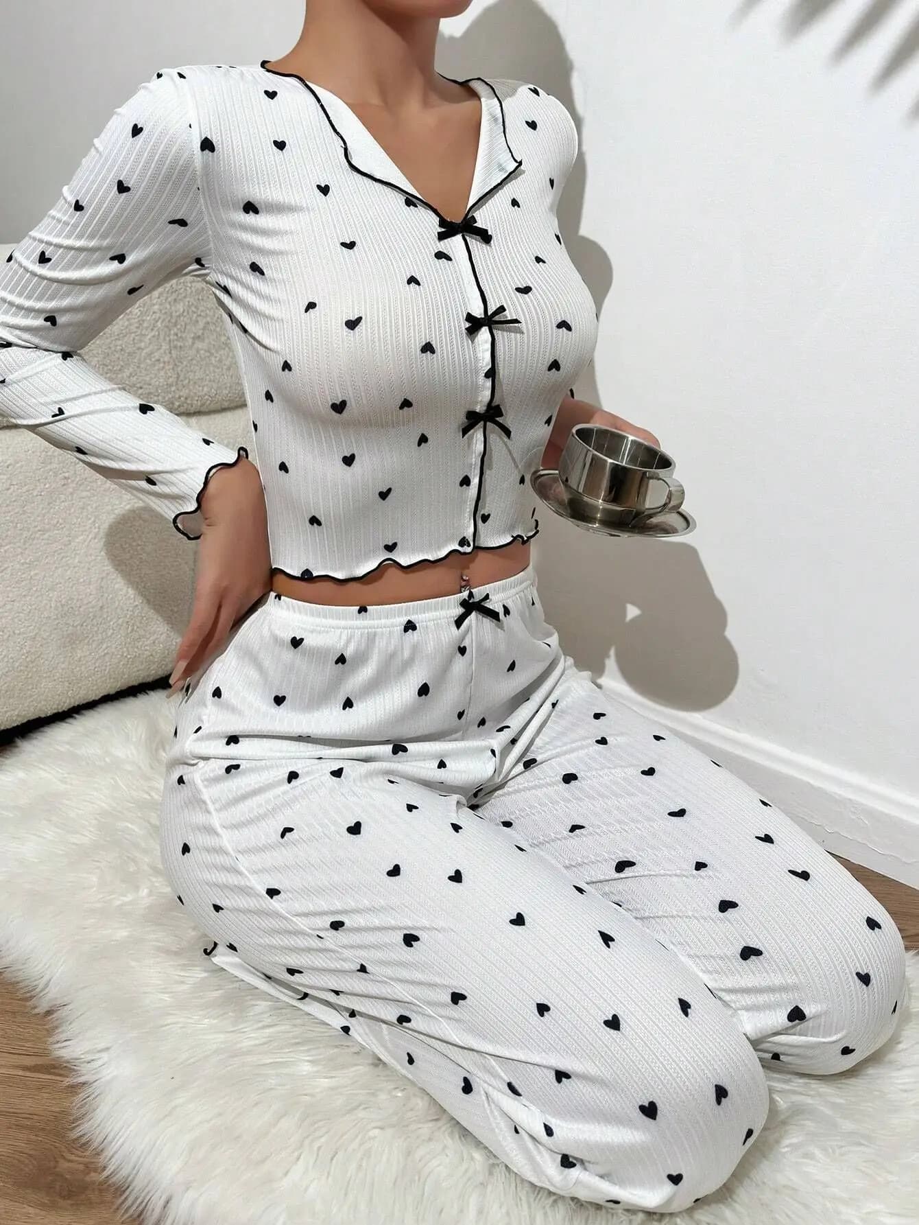 Set pigiama primavera autunno per donna Top a maniche lunghe Pantaloni lunghi Set da 2 pezzi Abito da casa Abbigliamento da notte Pigiama da notte