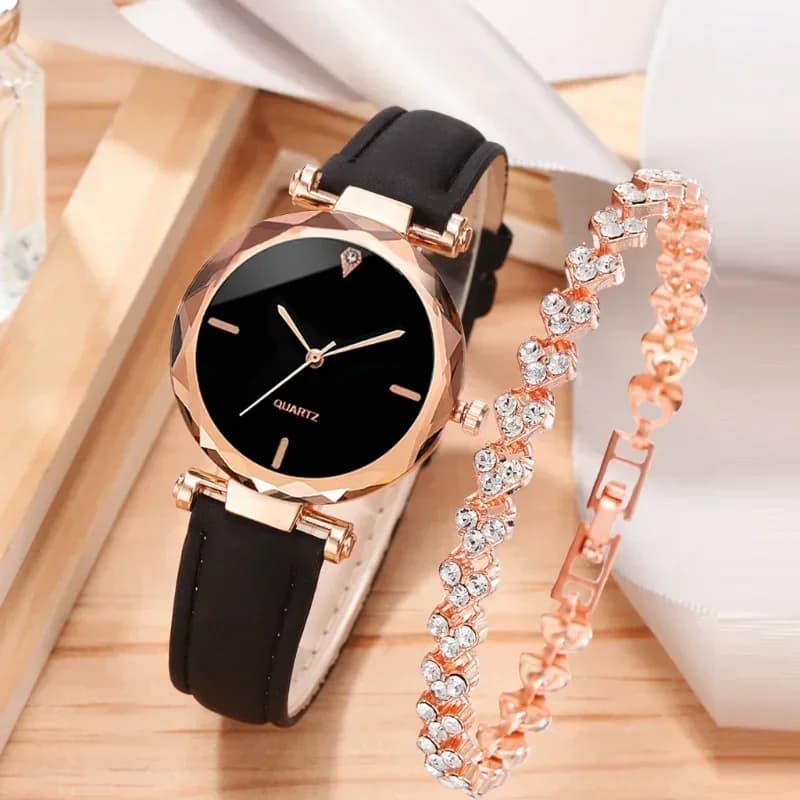 2 pcs Set Women's Luxury Watch Bracelet With Rhinestone Wrist Watch Fashion Women's Casual Watches Bracelet Set Watch