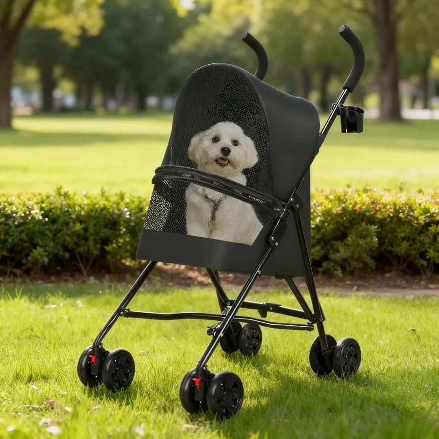 Pet Stroller for Small Dogs and Cats Lightweight Foldable Design with Mesh Ventilation Cup Holder and Storage Basket Portable D