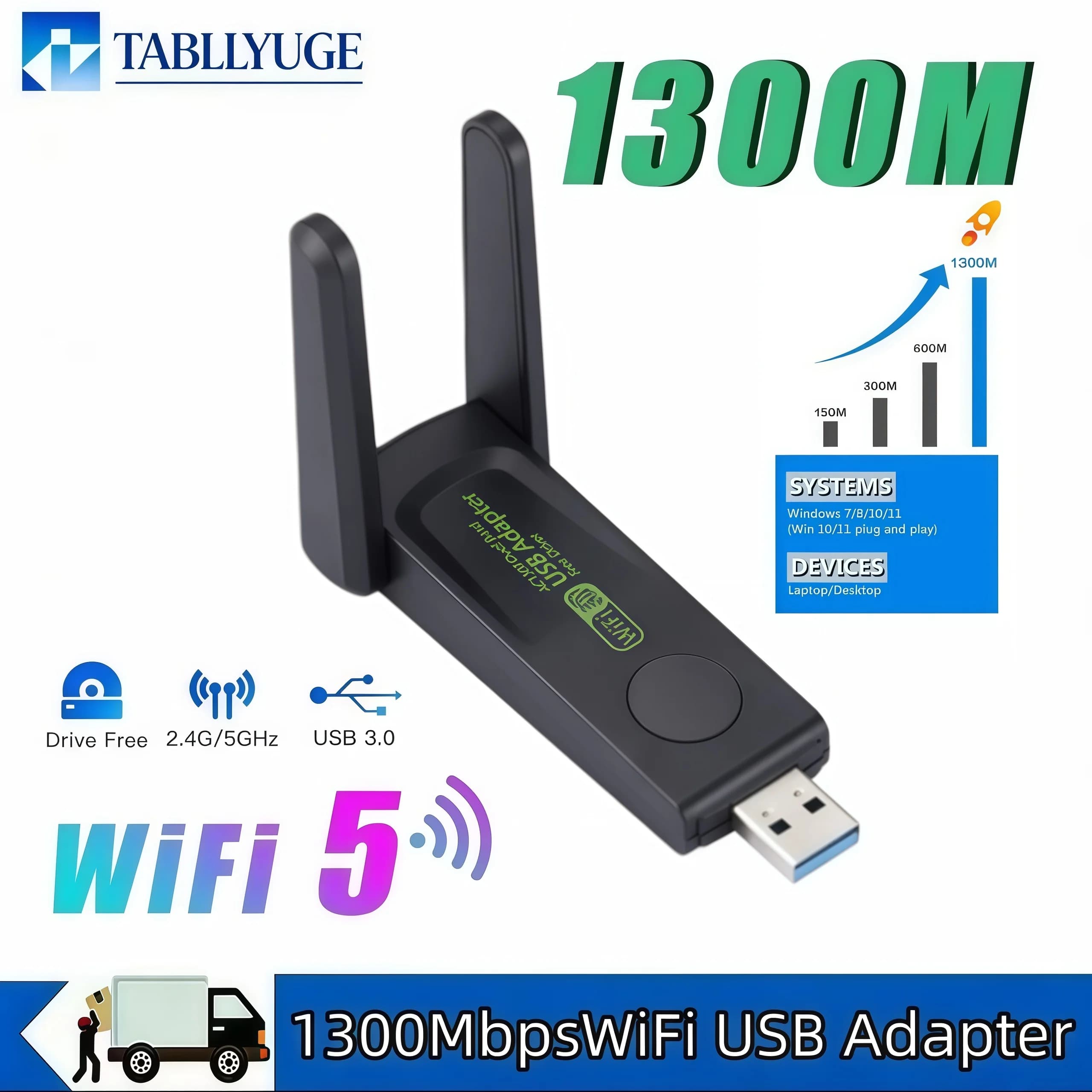 Adattatore WiFi USB 1300Mbps USB 3.0 Dual Band 2.4G/5GHz Dongle WiFi ad Alta Velocità con Antenna per PC Laptop Desktop