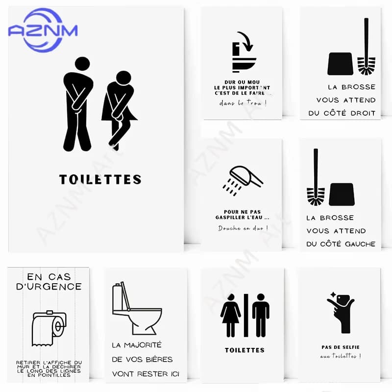Poster e Stampa su Tela con Simboli WC e Guida alle Macchie per Lavanderia, Decorazione Murale per Bagno e Toilette