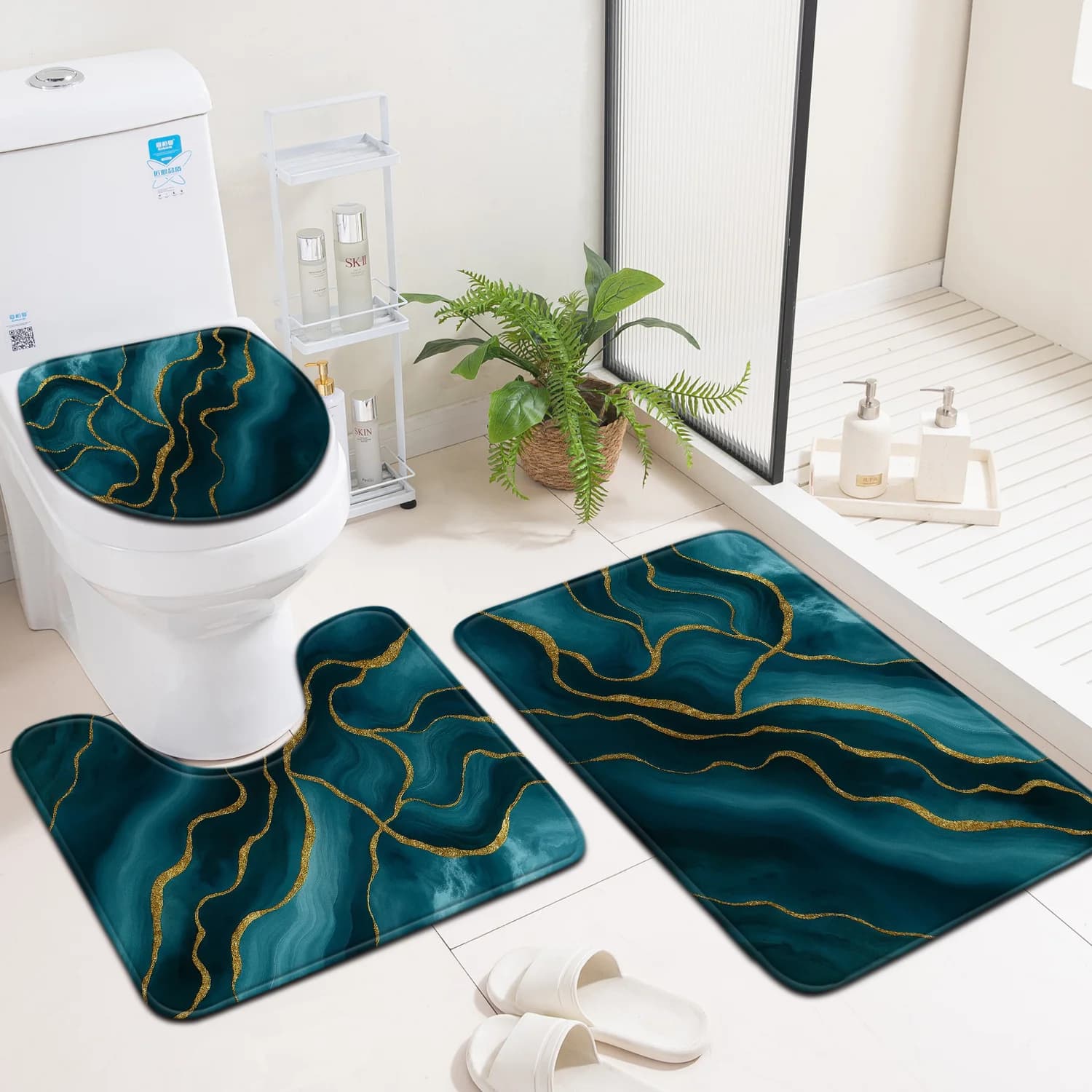 Set di 3 tappetini per pavimento, tappetino per porta d'ingresso, tappetino per coperchio WC, set di accessori per WC, motivo blu verde dorato