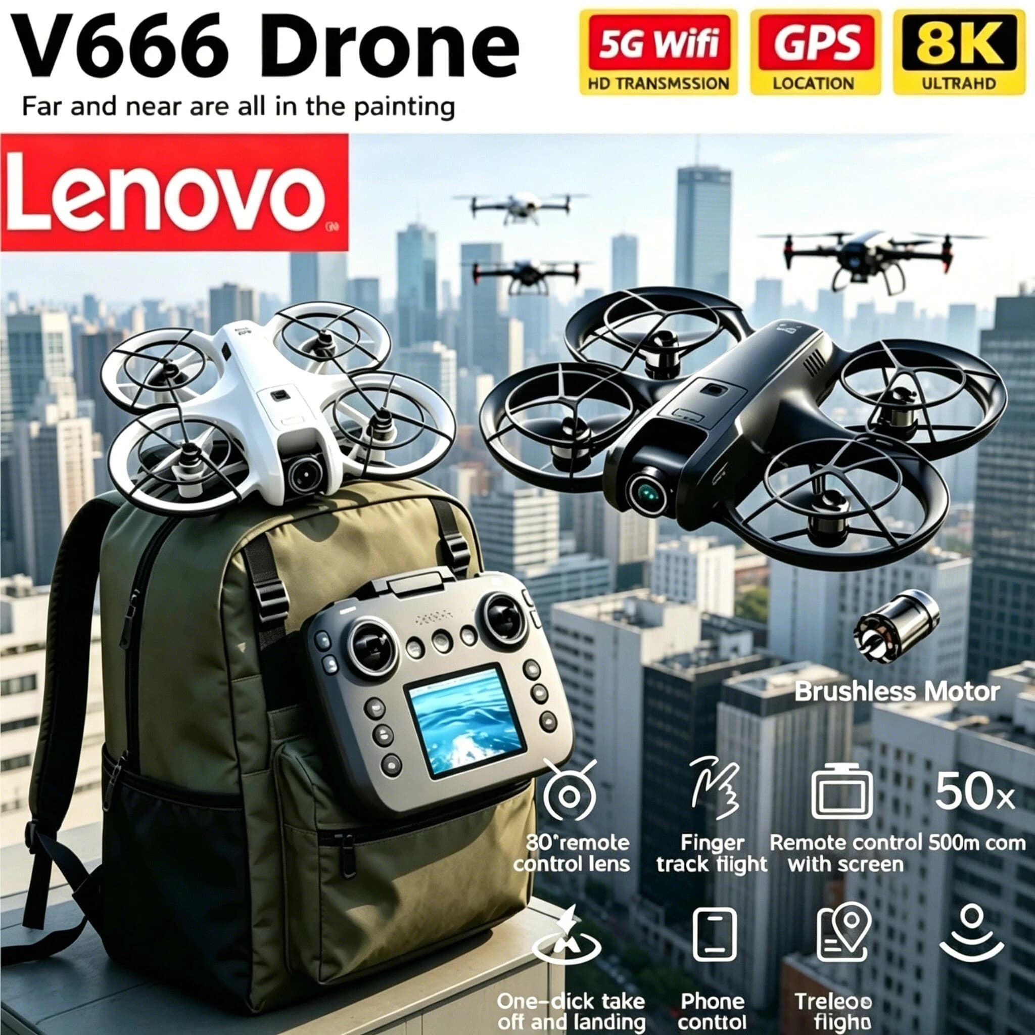 Lenovo V666 Foldable RC Drone 8K 5GWIFI FPV Camera Obstacle Avoidance Brushless Motor Altitude Hold Headless Mode Quadcopter Toy