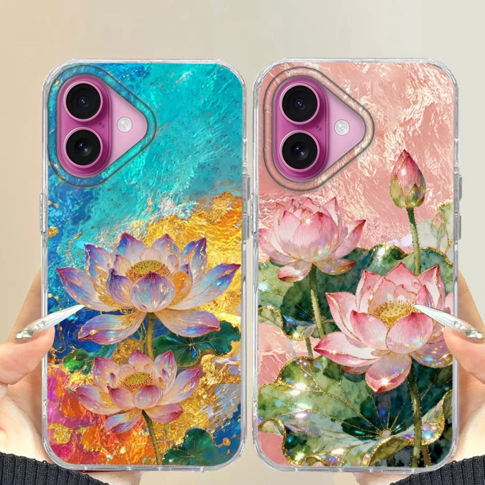 Phone Case for iphone 16 17 Pro Max 7 8 15 13 14 Plus 11 12 X XS SE 2022 XR 16e Pink Lotus Flower Glitter Korean Girls Cover