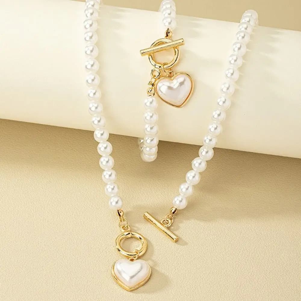 Set di Gioielli con Ciondolo a Cuore di Cristallo, Elegante Set di Collana e Bracciale con Perline, Set di Collana di Perle di Lusso per Donne