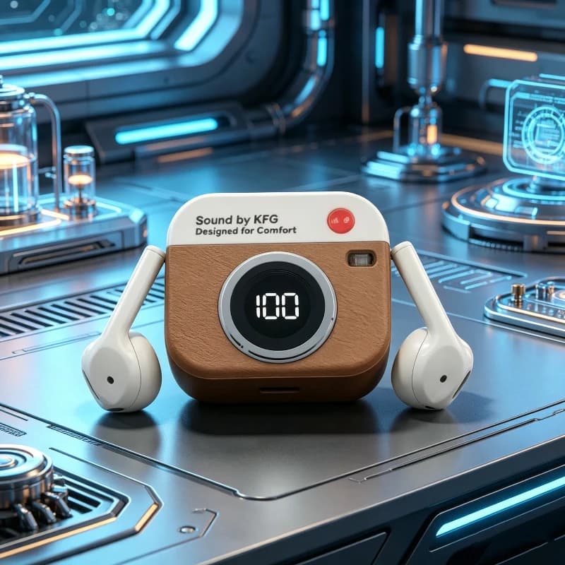 Nuovi auricolari Bluetooth wireless a forma di fotocamera retrò Q86, auricolari con riduzione intelligente del rumore, cuffie sportive in-ear per gaming.