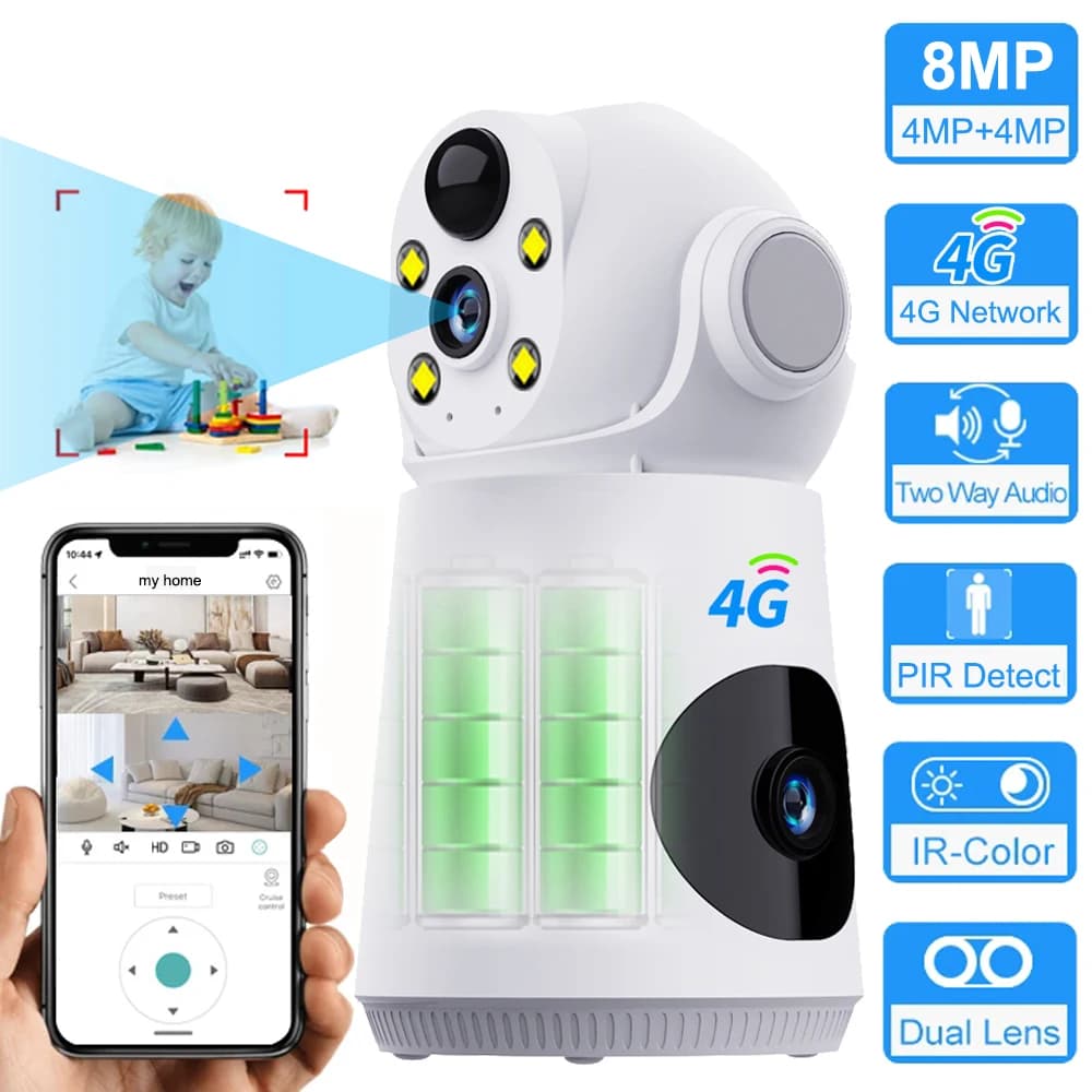 8MP 4K Doppia Lente 4G Videocamera Video Baby Monitor PIR Rilevazione di Movimento Visione Notturna CCTV Batteria di Sicurezza IP Digitale Camara V380 Pro