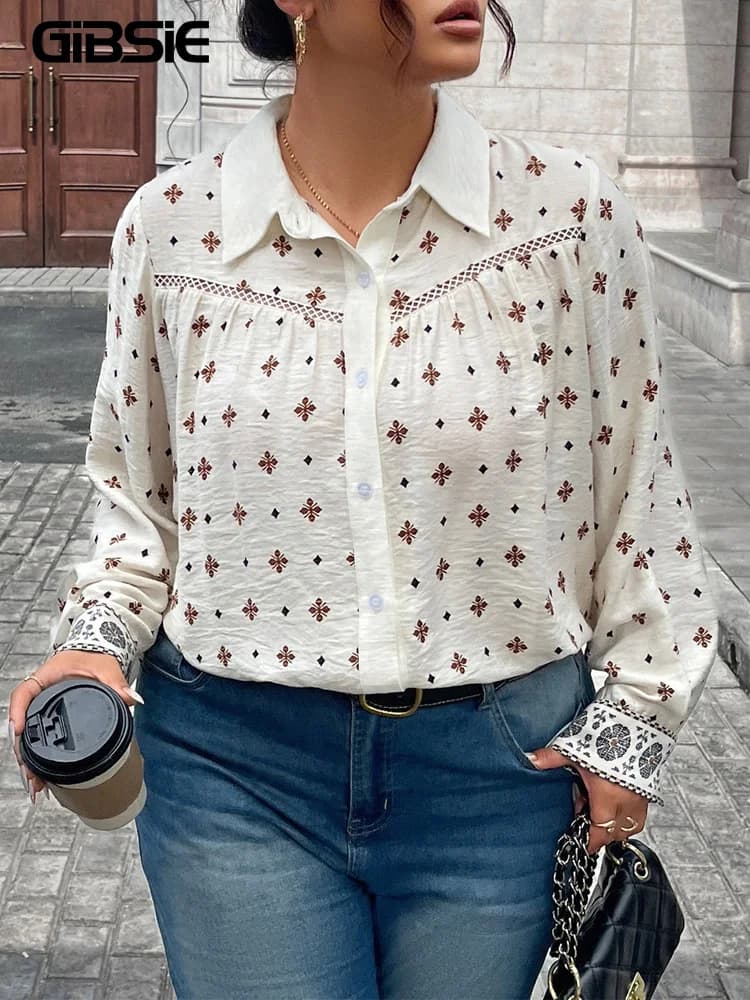 GIBSIE Plus Size Casual Print Digging Out Women's Shirt Top 2025 Autumn Collection Overturned Sleeve Long Sleeves Shirts