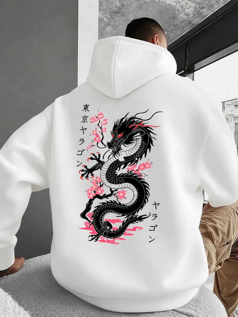 Felpe da uomo con stampa Tokyo Dragon Cherry Blossoms, con cappuccio e tasche, in pile caldo, stile coreano, oversize, abbigliamento maschile basic