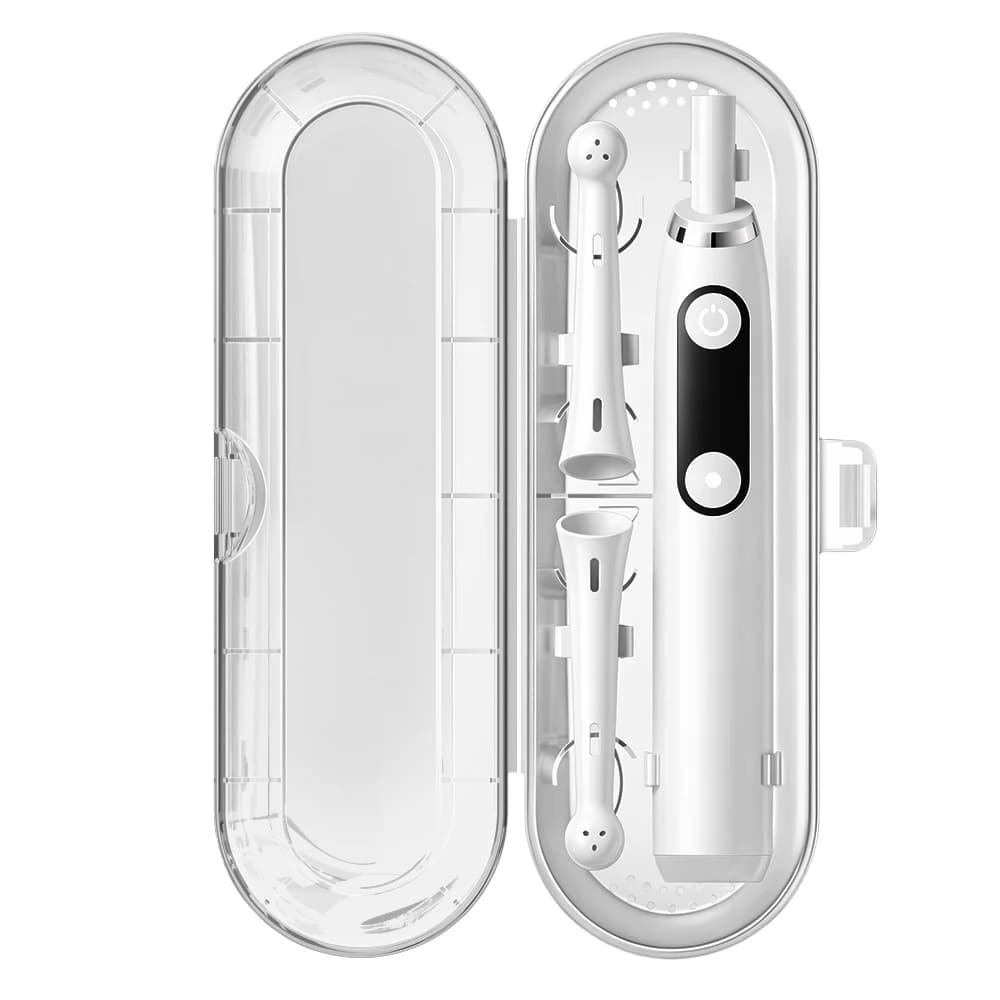 Universal transparent travel case for toothbrushes, compatible with Oral B, iO and Philips Sonicare electric toothbrushes.