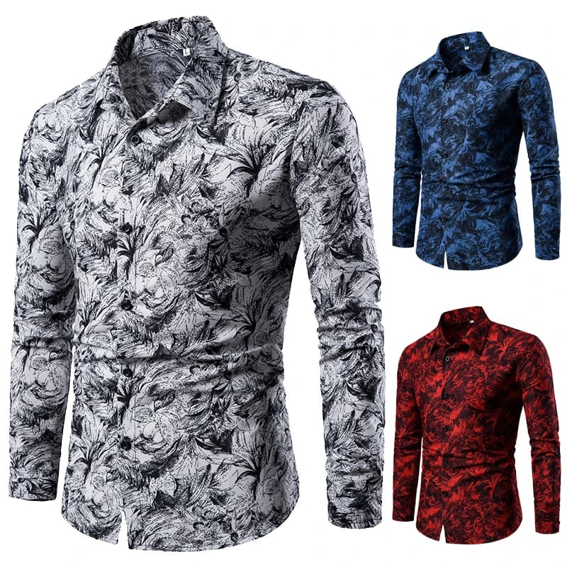 Mens Printed Lapel Long Sleeve Shirt Casual Blouse Fashionable Polyester Casual Wear