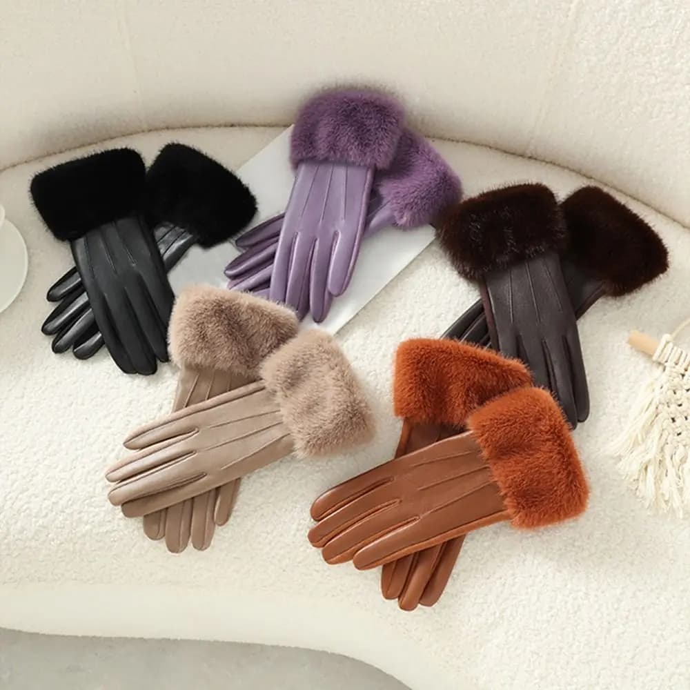 Thermal Lined Women's Leather Gloves Thicken Thermal Insulated Women's Winter Thermal Gloves Windproof Solid Color