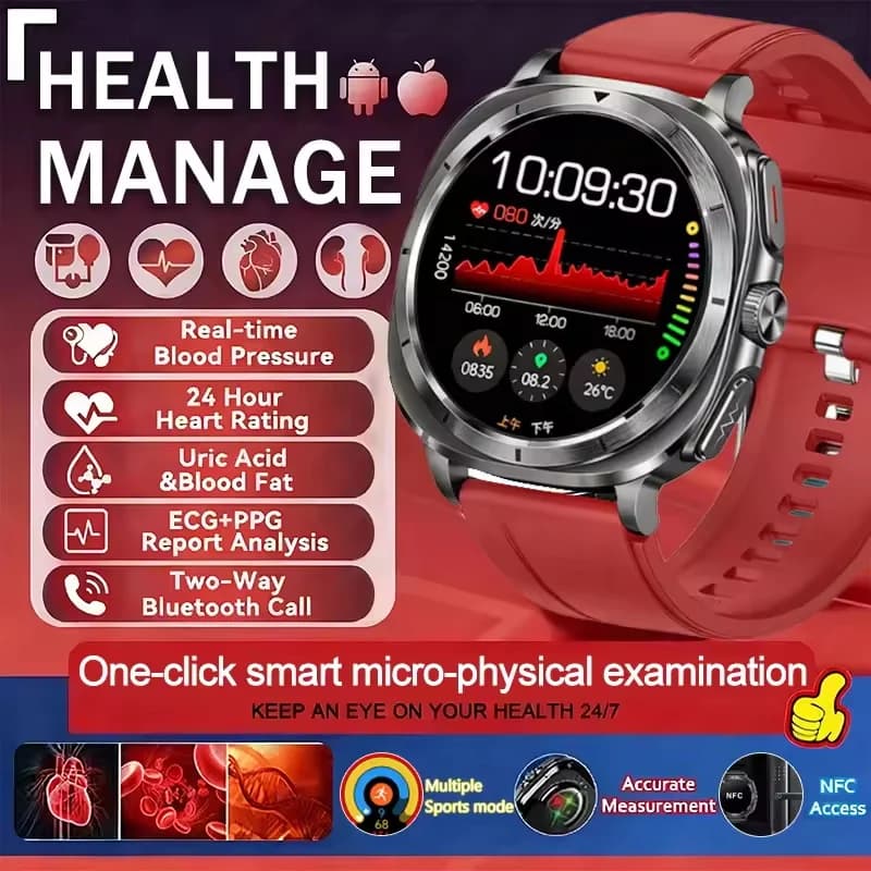 New Smartwatch with Laser Monitoring AI for Nurses, ECG+PPG, Oxygen in Blood, Lipids, Urico Acid, Body Temperature, HD Calls, Health Watch